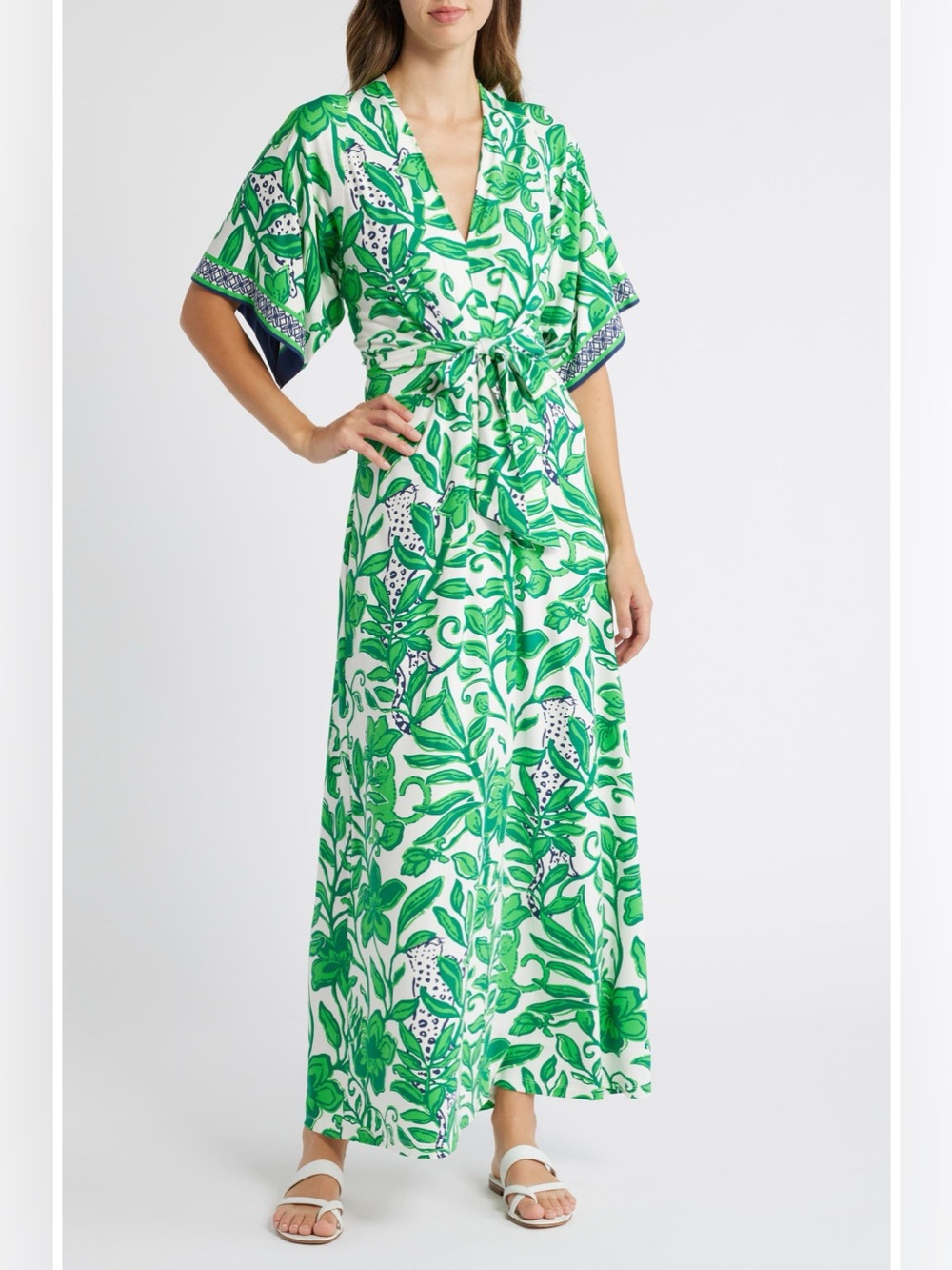 Lilly Pulitzer Sz 12 WISTERIA ELBOW SLEEVE V-NECK MAXI DRESS, FIDDLE LEAF GREEN